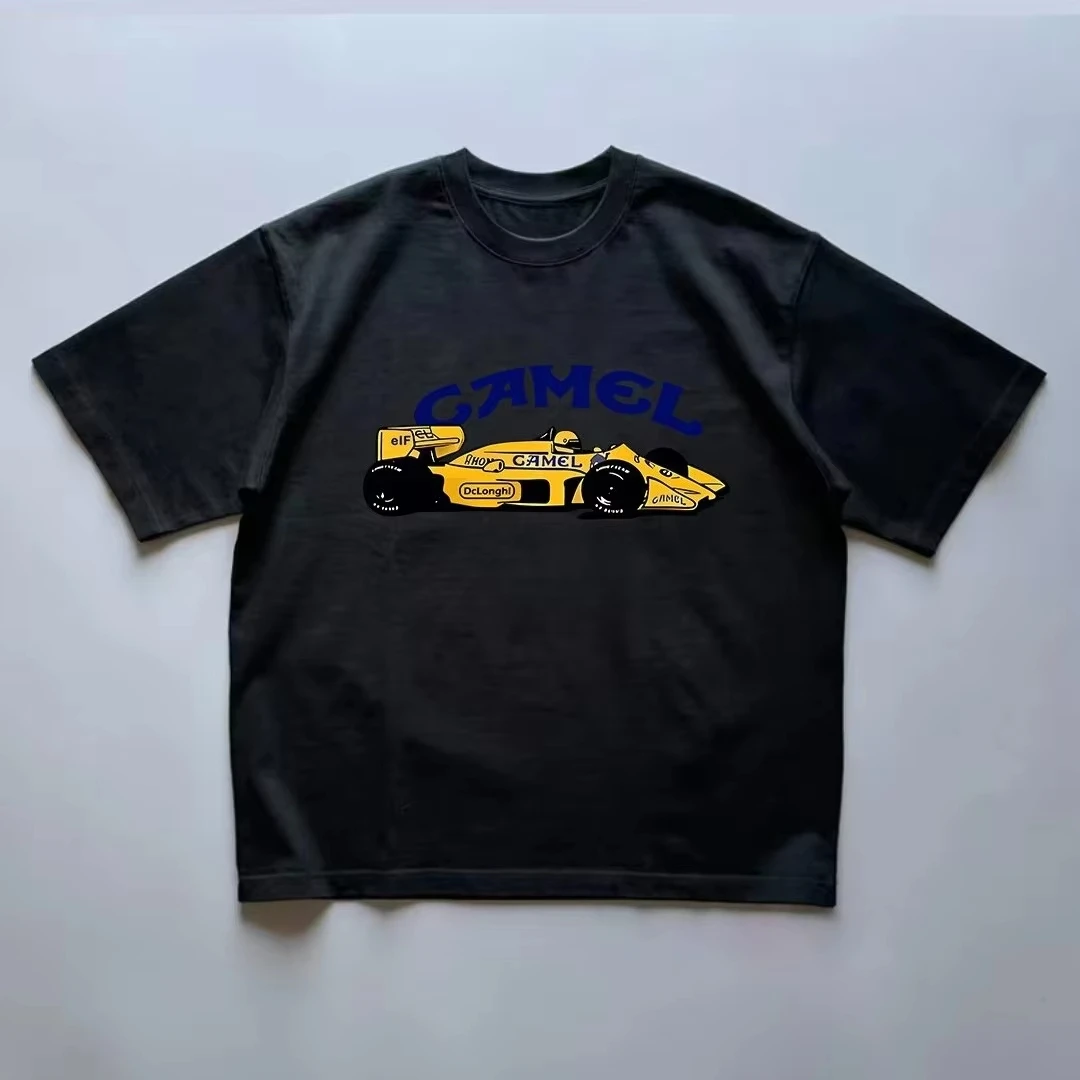 White Retro Racing Car Street Trendy Brand T-shirt Cotton Graphic Tee Men Women Summer Streetwear