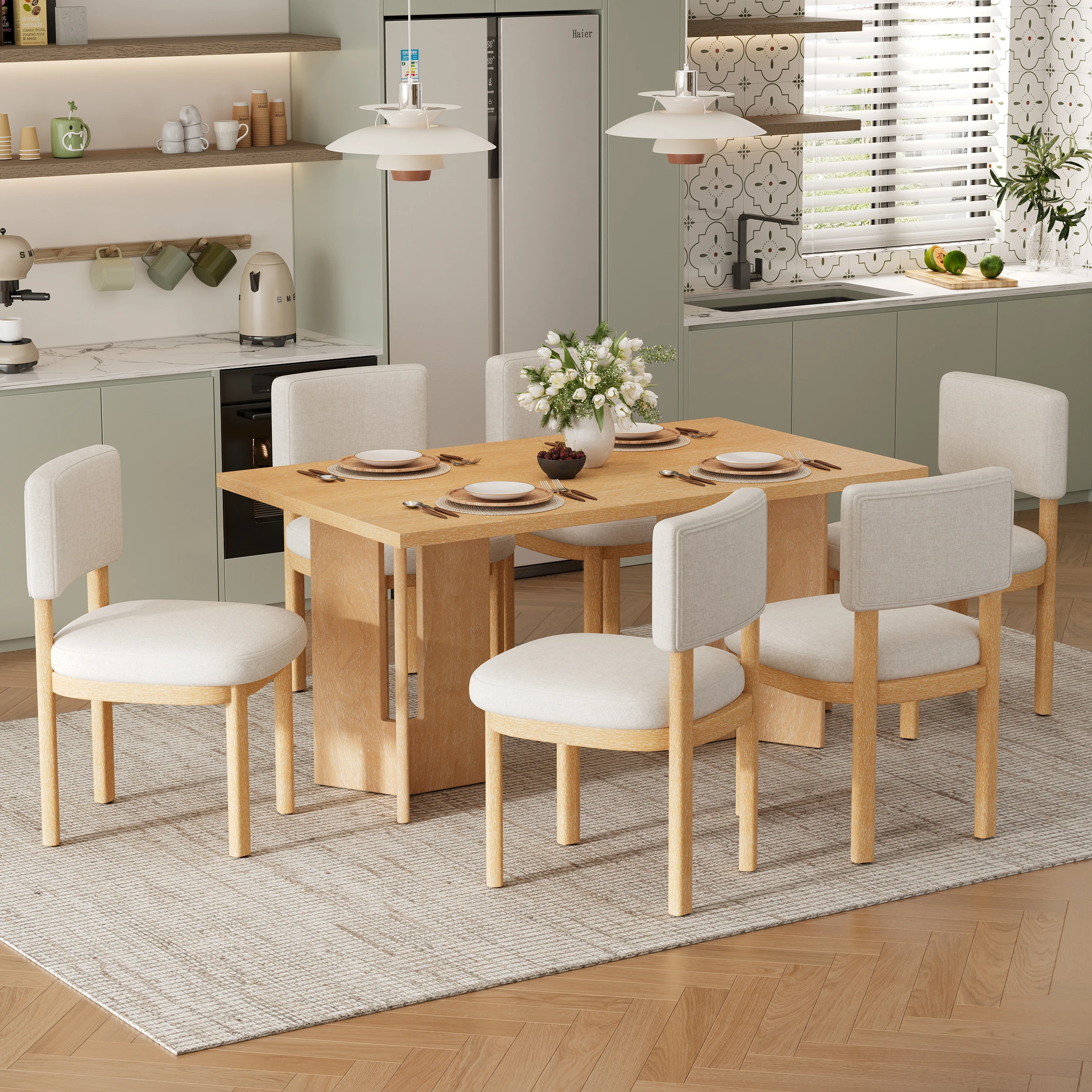 

#Modern Wood Dining Table Set For 6 With 6 Upholstered Chairs Dining Table Eco-Friendly Dining Room Furniture