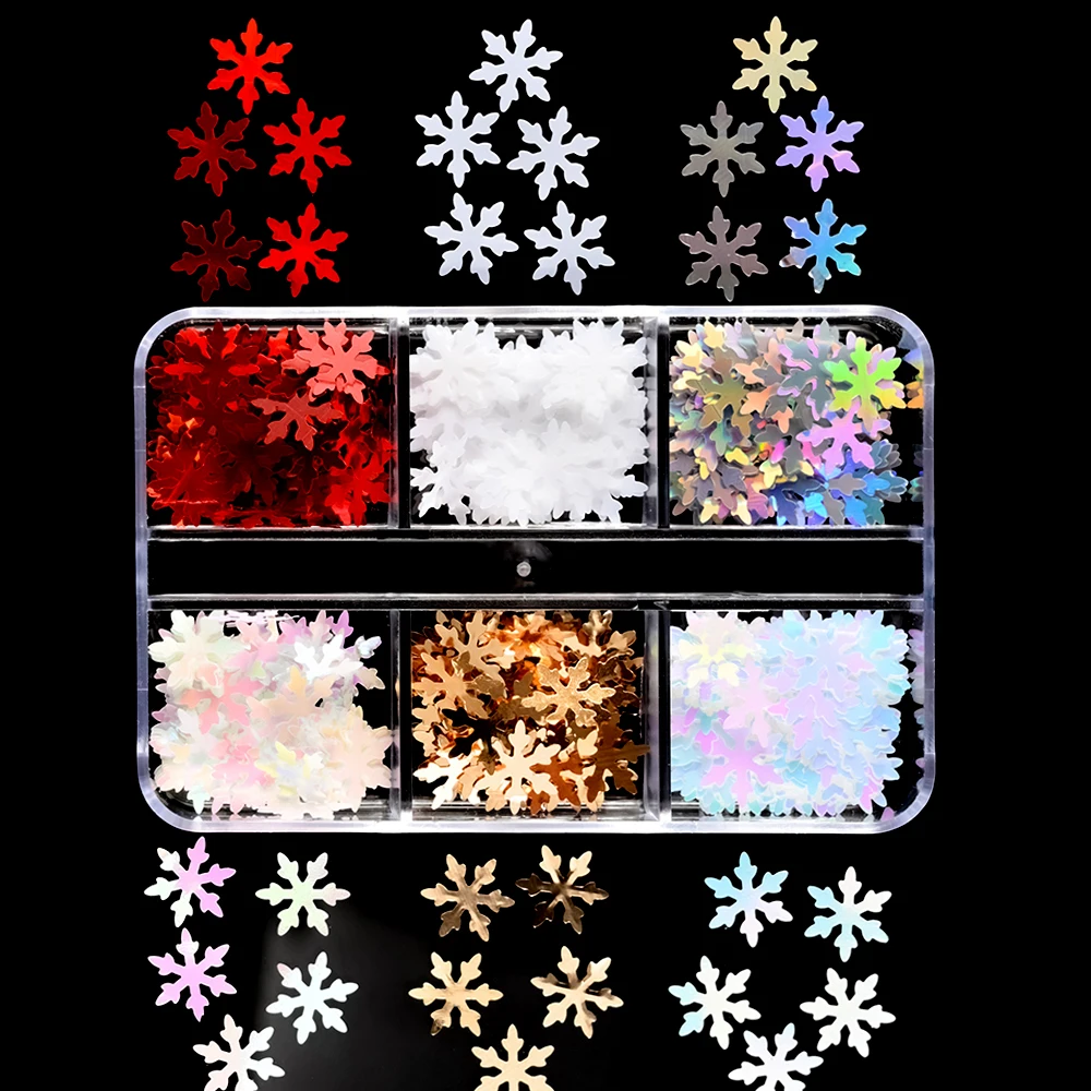 Natal Snowflake Nail Sequins, Glitter Slices, Glitter Floco, Branco, Rosa, Vermelho, Verde, Laser, Estrela, Hexágono, Untra-Thin, 6 Grade