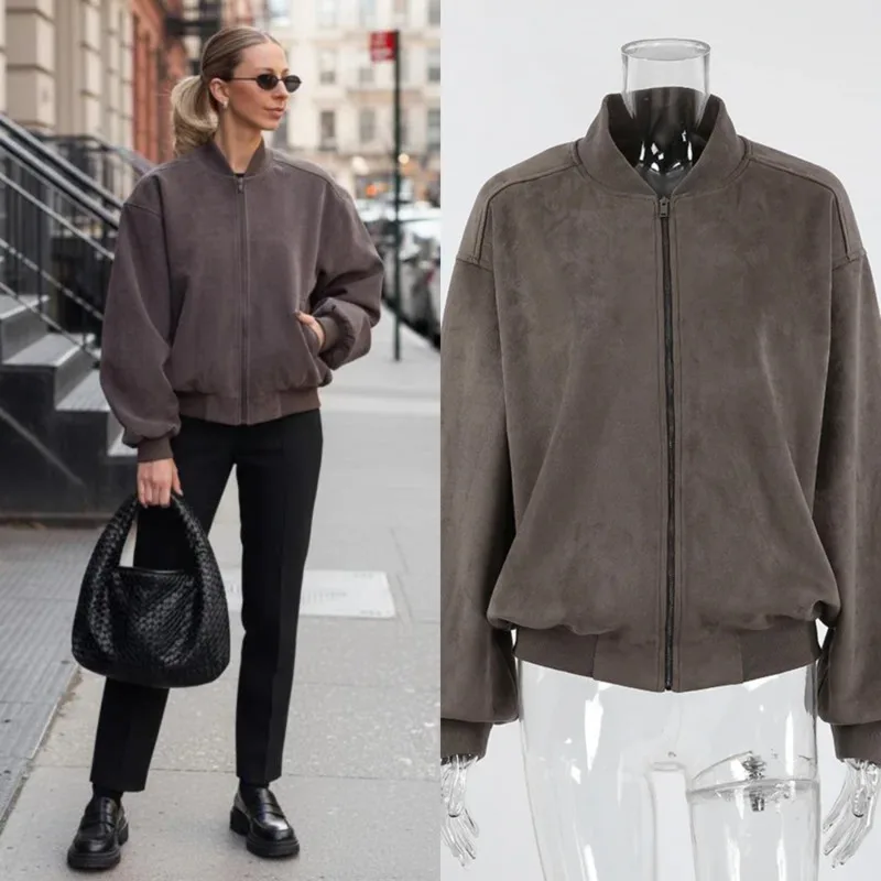 Women's Vintage Suede Bomber Jacket With Stand Collar Long Sleeve And Zipper Closure Autumn Winter High Street Fashion Outerwear