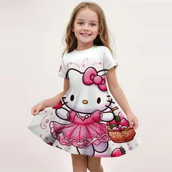 MINISO 2024 New Girls Summer Dress Fashion Cartoon Cute Hello Kitty 3DPrint Dresses Girl Short Sleeve Princess Vacation Clothing