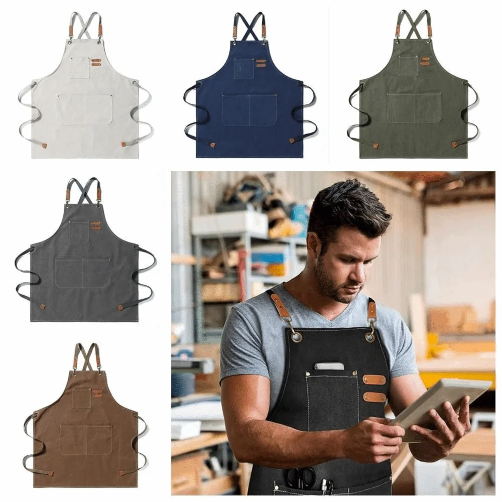 

Water Proof Thickened Canvas Apron Oil Proof Wipe Hands Kitchen Halter Neck Apron With Tool Pocket Multi-functional