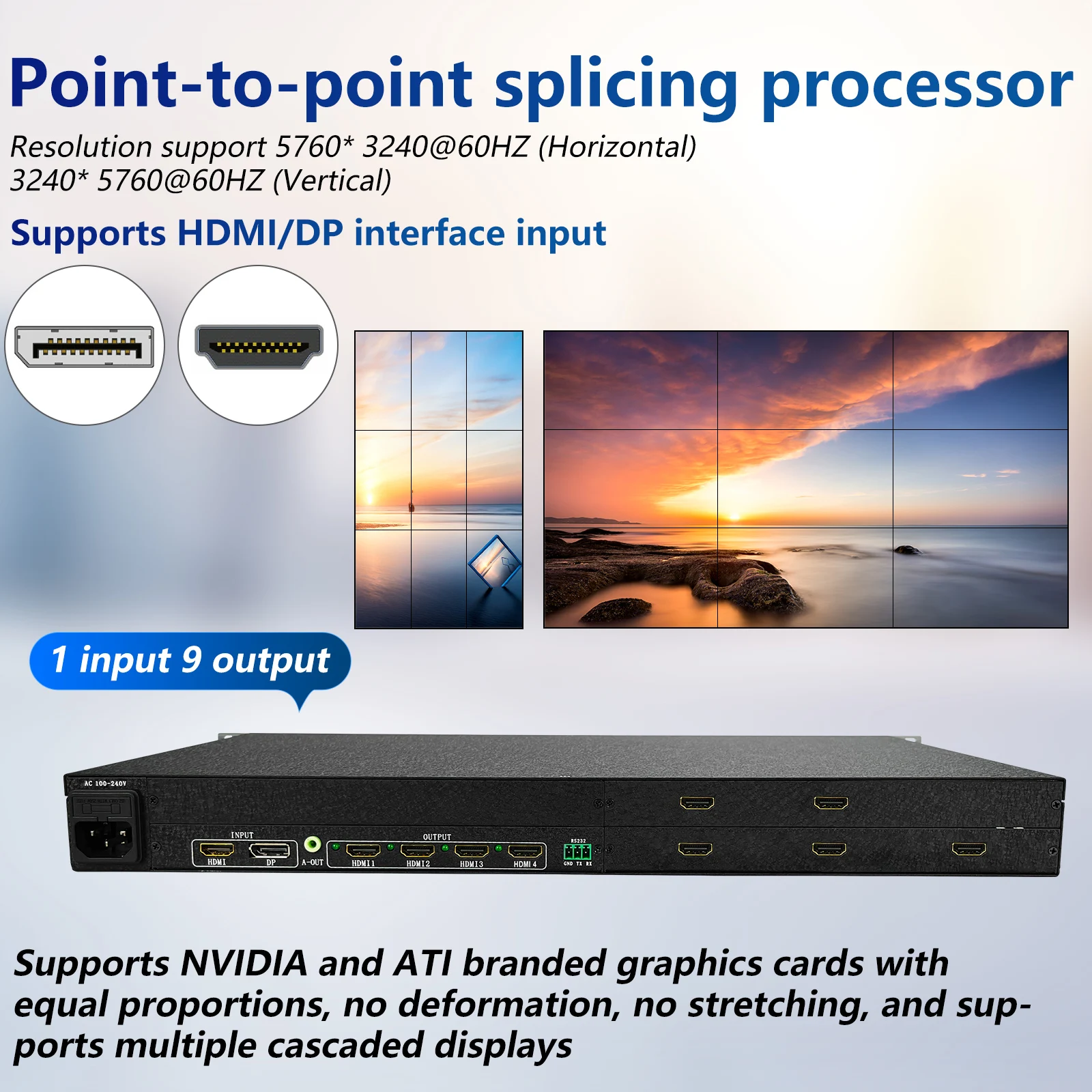 

4K Video Wall Controller 1in 9out 3x3 Processor Ultra HD Supports DP Point-to-Point Input For HDMI 1.4+DP1.2 Splicing Box