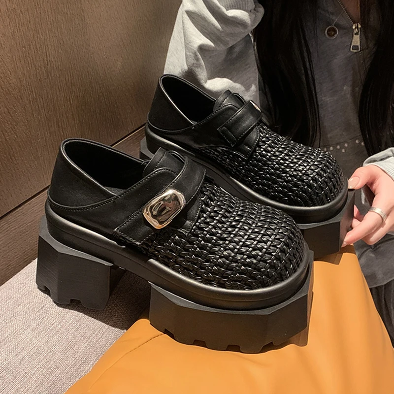 

Women's Hollow Out Woven Buckle Strap Chunky Platform Round Toe Thick Lug Block Heel Height Increasing Casual Dad Sneakers Shoes