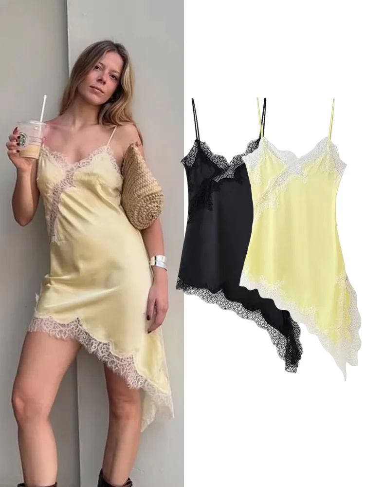 HH femme été Sexy sans manches dos nu Chic plage robe de soirée femmes élégant asymétrie dentelle décorer mince robe à bretelles