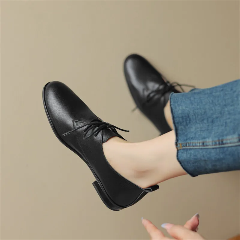 New Genuine Leather Loafers Spring/Autumn Round Toe Chunky Heel Women Pumps Lace Shoes for Women Ladies Shoes Comfort Low Heels