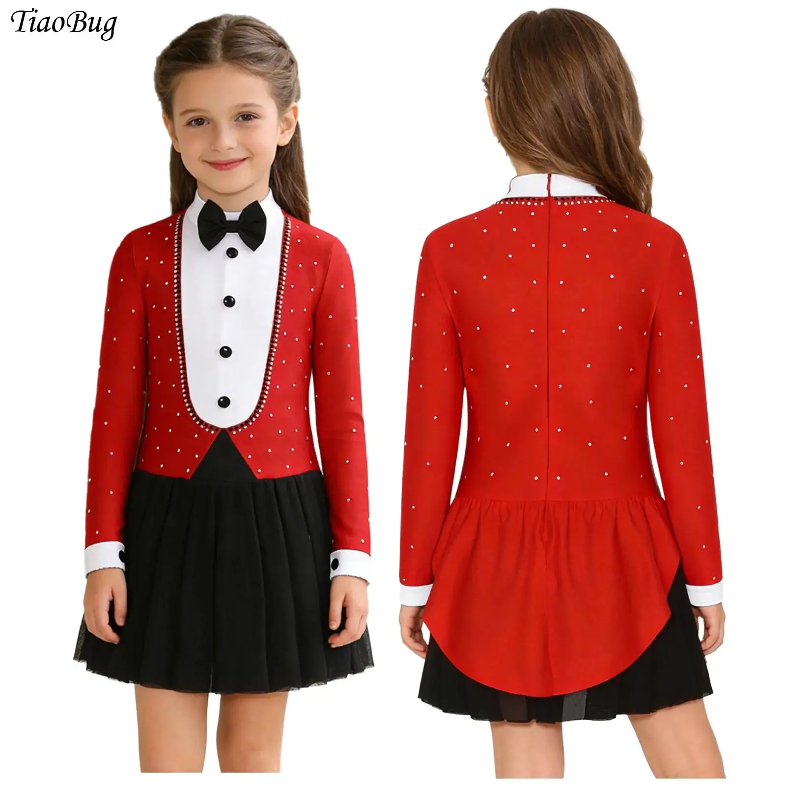 

Girls Magician Costume Bowtie Long Sleeves Rhinestone Color Block Leotard Dress for Halloween Cosplay Circus Ringmaster Jumpsuit
