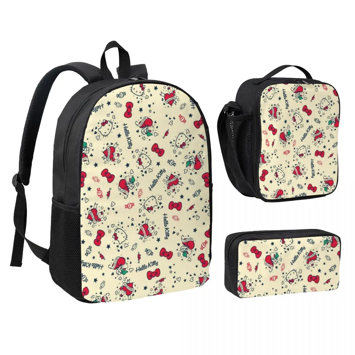 3-Piece Backpack Set with Lunch Bag and Pencil Pouch Hello Kitty Lightweight 17-Inch Bag for Students and Professionals