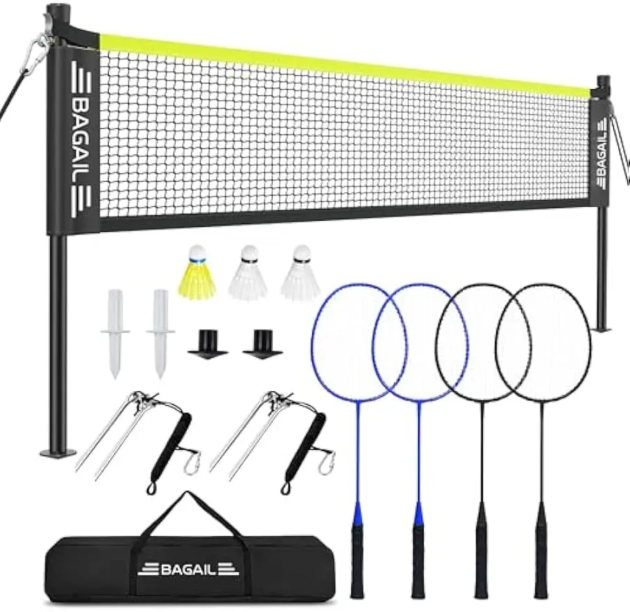 

Complete Badminton Set with Anti-Sag Net, 4 Rackets & Carry Bag - Official Size for Backyard & Beach Games