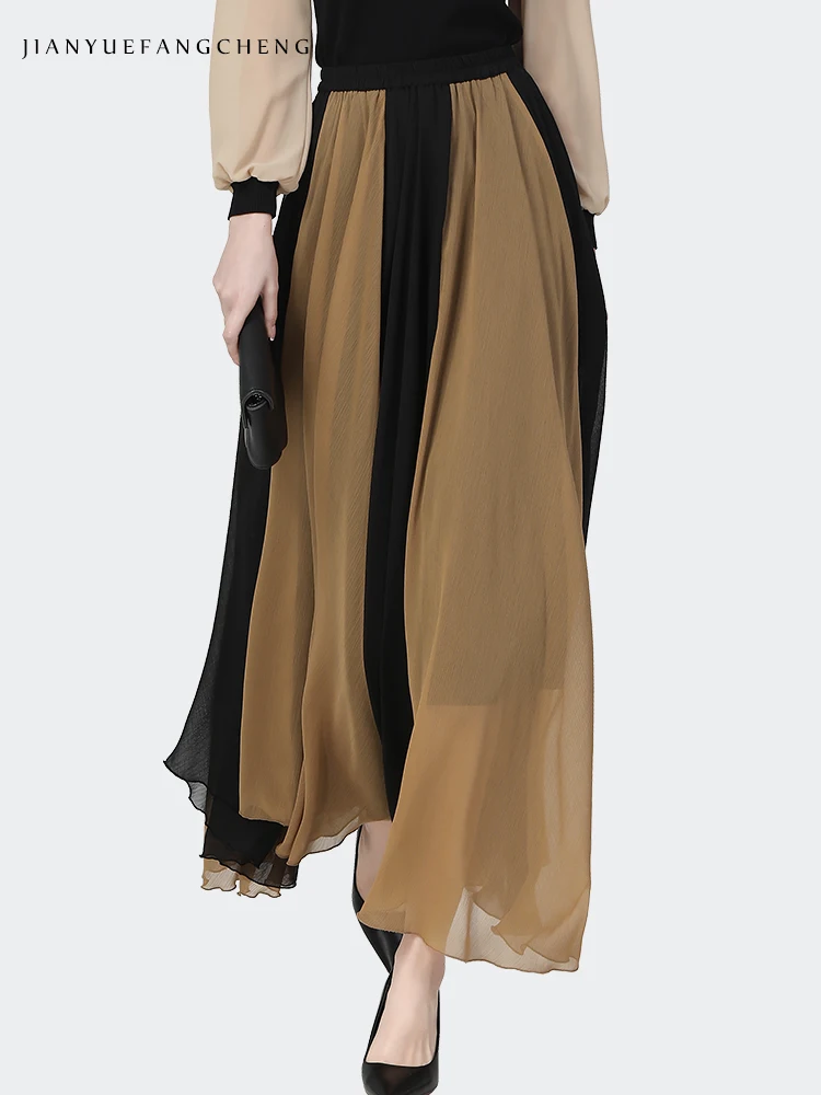 Pleated Long Chiffon Skirts Fashion Black-Brown Color Blocking Women Spring Summer Bottoms High Waist A-Line Flowing Big Swing