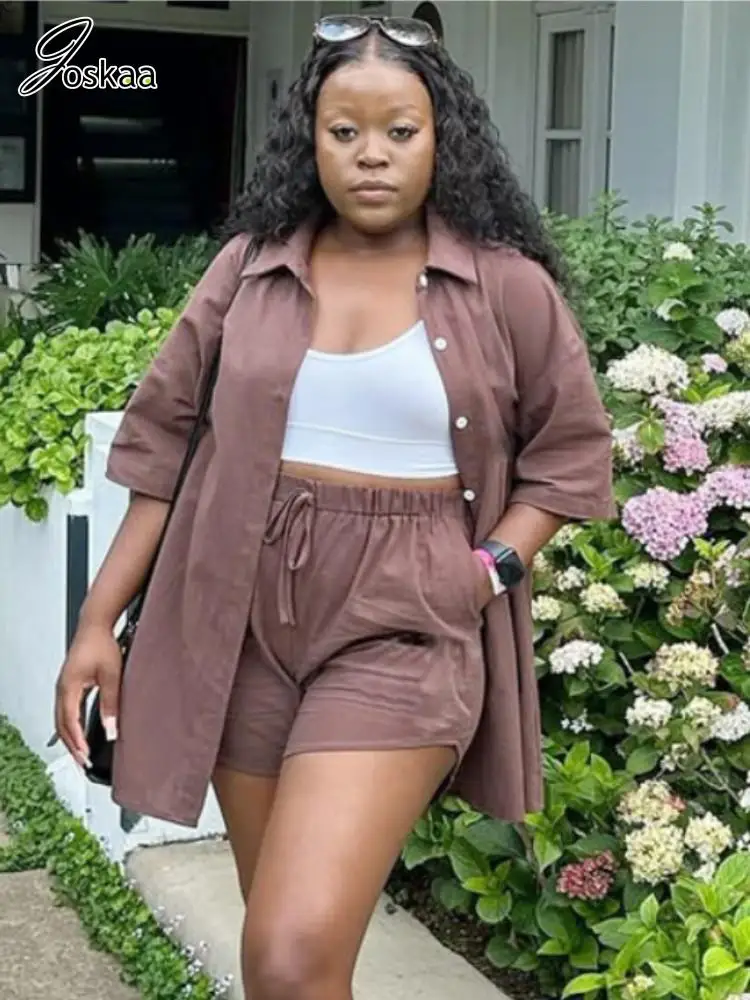 

Joskaa 2025 Summer Women 2 Piece Set Casual Lapel Short Sleeve Button Shirt+Shorts Matching Holiday Beachwear Streetwear S-XXL