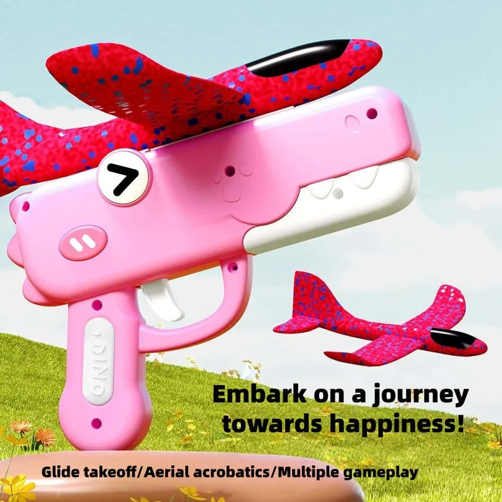 Dinosaur Foam Airplane Launcher Toy Gun, One Click Ejection Glider Plane, 3 Colors Available, Indoor Outdoor Kids Shooting Game