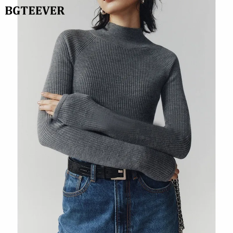 

BGTEEVER Elegant Long Sleeve Slim Women Knitted Pullovers Autumn Winter Half High Collar Female Sweaters Tops Ladies Knitwear