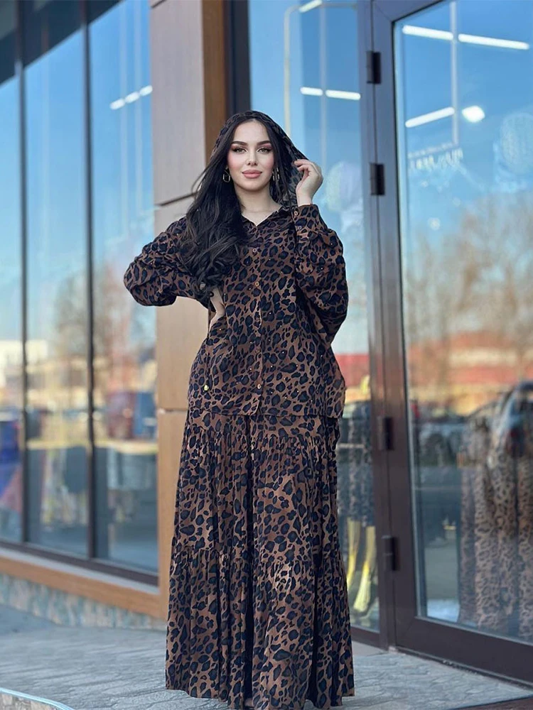 

Fashion Casual Leopard Print Two Piece Set Spring Women Hooded Long Sleeved Shirt+High Waist Pleated Bust Skirt Autumn Outfit