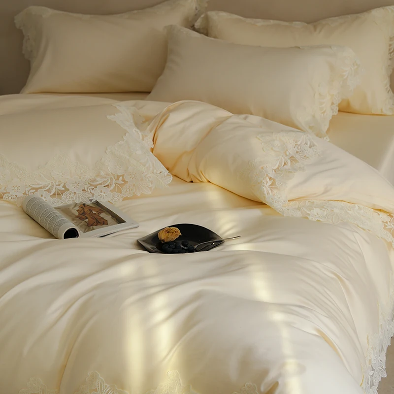 Luxuriöses Bettwäsche-Set, cremefarben, Queen-Size-Größe, Schlafzimmer-Dekoration, weich, bequem, elegantes Design für Frauen und Paare, Prinzessinnen-Bettlaken – Detail 4