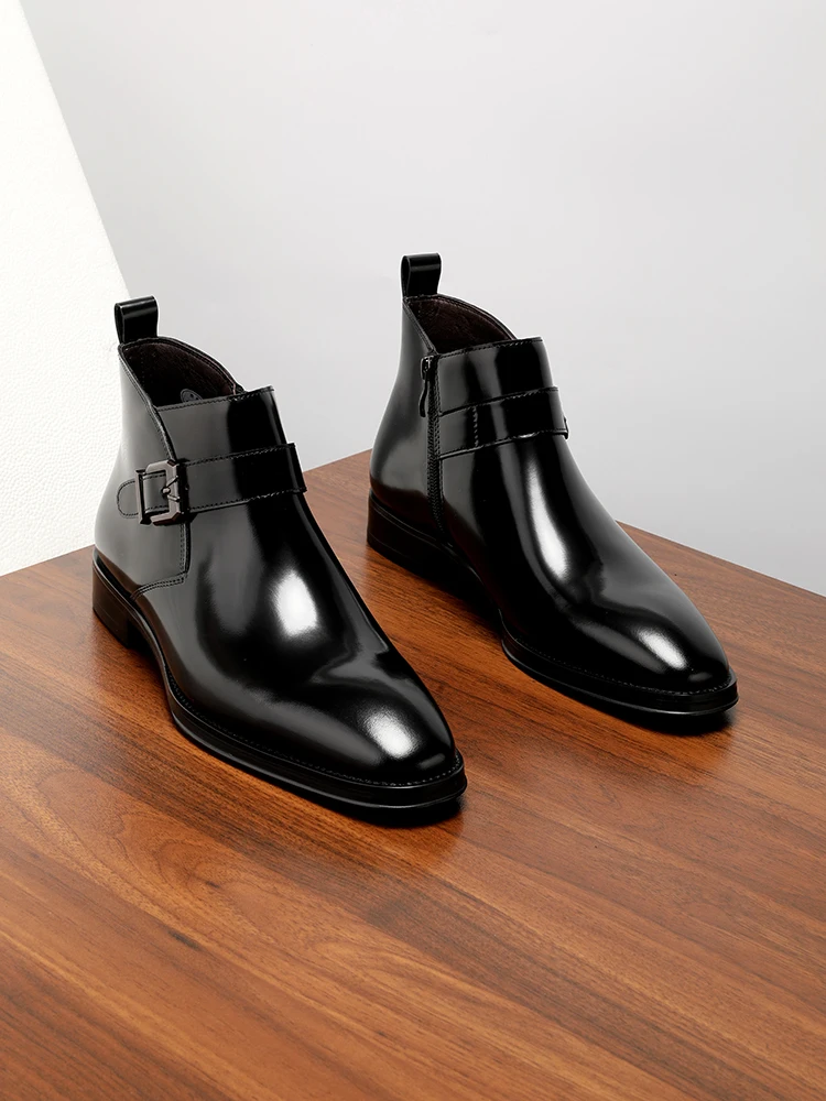 New Business Formal Chelsea Boots, First-layer Cowhide High-top Pointed Glossy Short Boots Fashionable Men's Shoes view 2