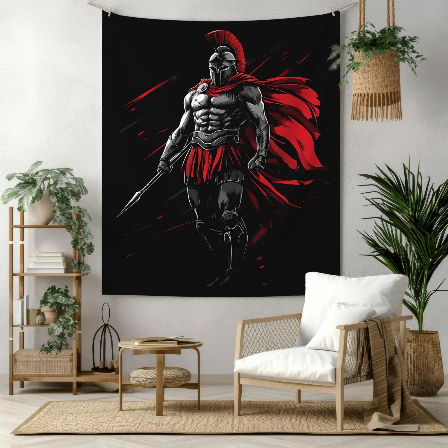 VIKAMA Spartan Warrior Tapestry Wall Hanging Black White Gladiator Helmet Portrait Grunge Aesthetic Wall Art Bedroom Dorm Decor view 2