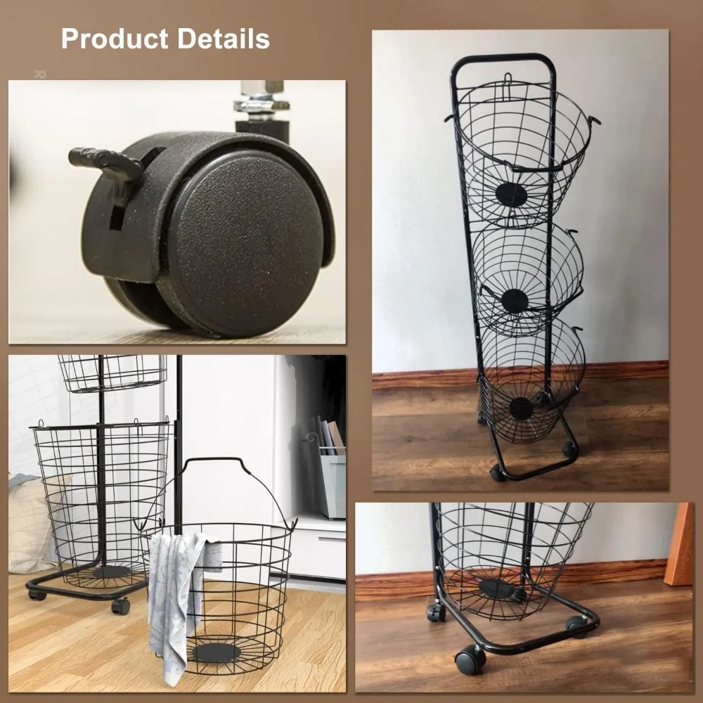 3 Tier Laundry Basket with Rolling Lockable Wheels Wire Metal Sorter Storage Trolley Shelf Basket Durable Metal Sorter