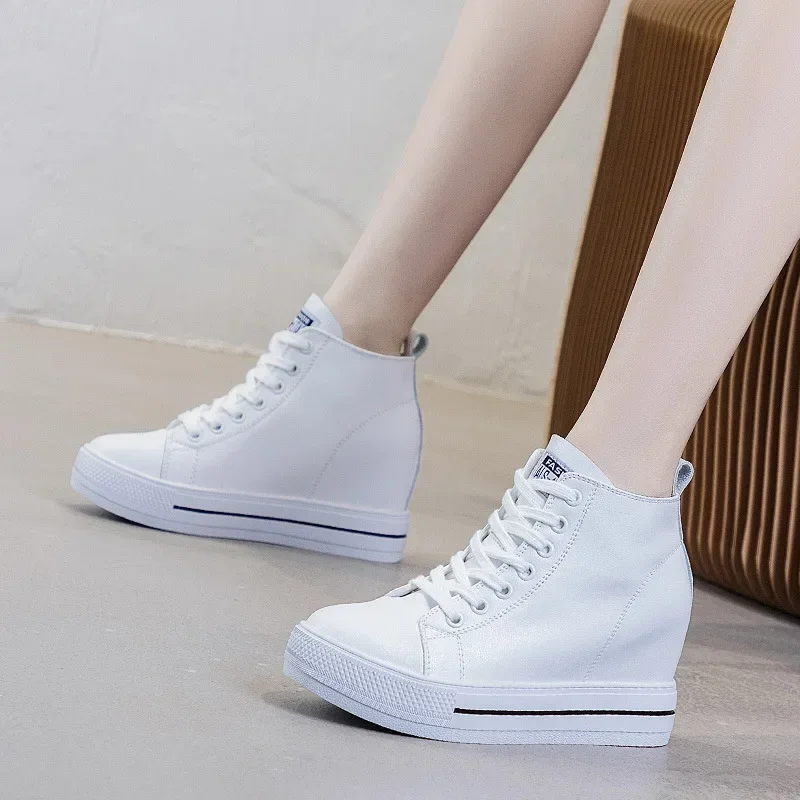2026 Genuine Leather Shoes New Autumn Winter Lace-up High-top Women Sneaker Shoes High Heels Increase Within Wedges Casual Shoes