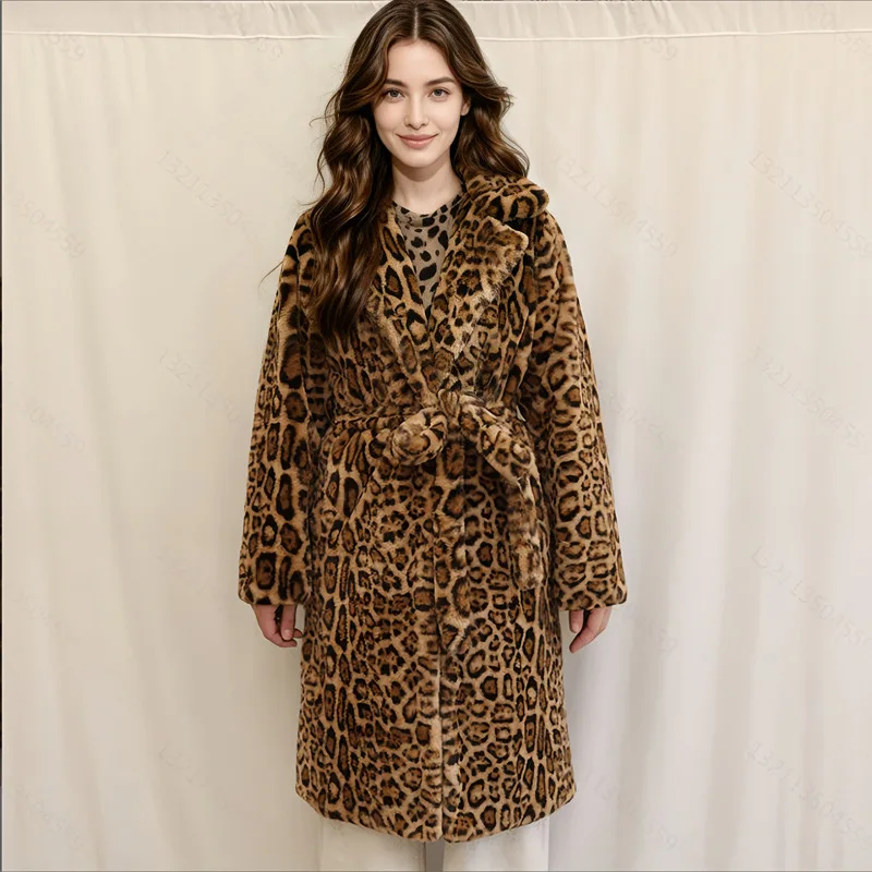 Luxury Brand Vintage Long Fur Coat Warm Winter Women Faux Fur Jacket Leopard Print Belt Thick Coats Windproof Thick Outerwear