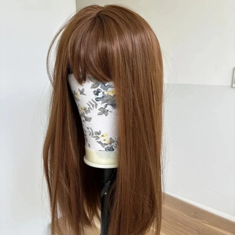 人毛新品スタイリッシュな女性用ブラウンストレートヘアウィッグ24インチ