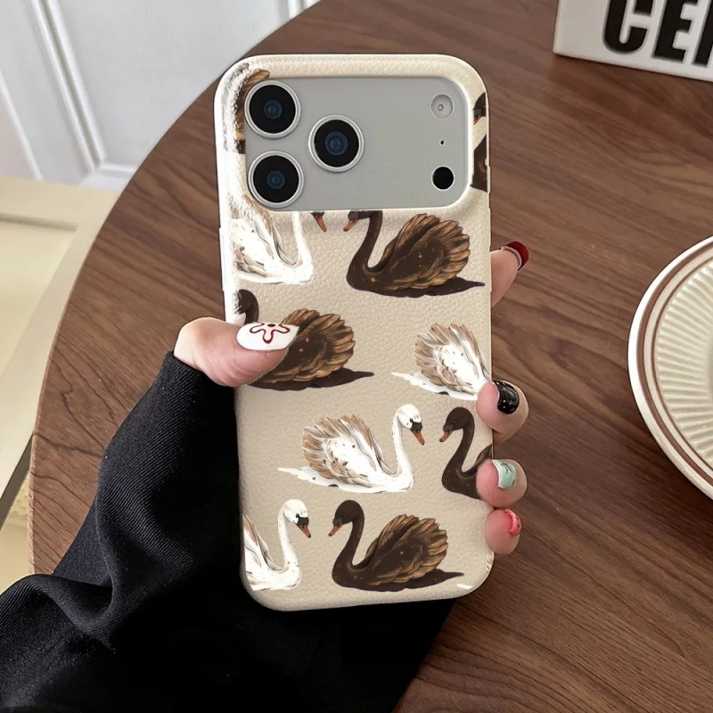 Elegant Brown White Swan Lichee pattern Phone Case For iPhone 17 16 15 14 13 12 11 Air Pro Max Plus Shockproof Soft Funda Cover