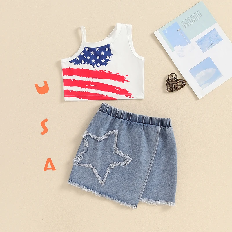 

Kids Girls Skirt Set Sleeveless Stars Print Camisole with Irregular Denim Skirt Summer Outfit 4th of july clothing