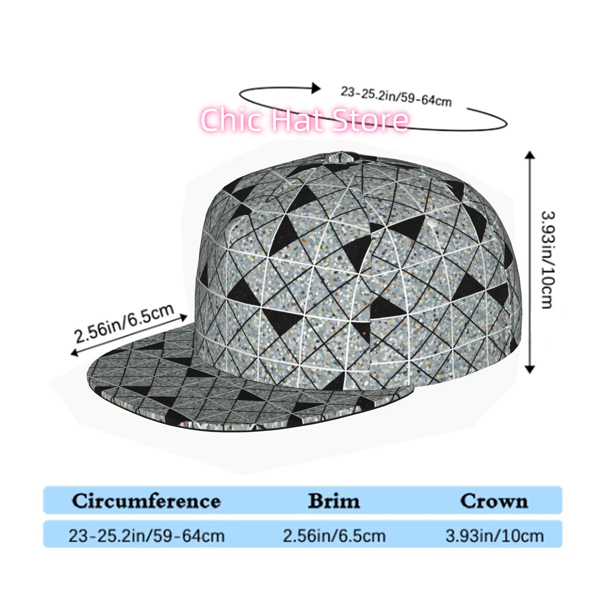 Black Triangles on Gray Tile Pattern, Men Women Unisex Flat Brim Baseball Cap, Hip Hop Streetwear Snapback Trucker Hat for Skate