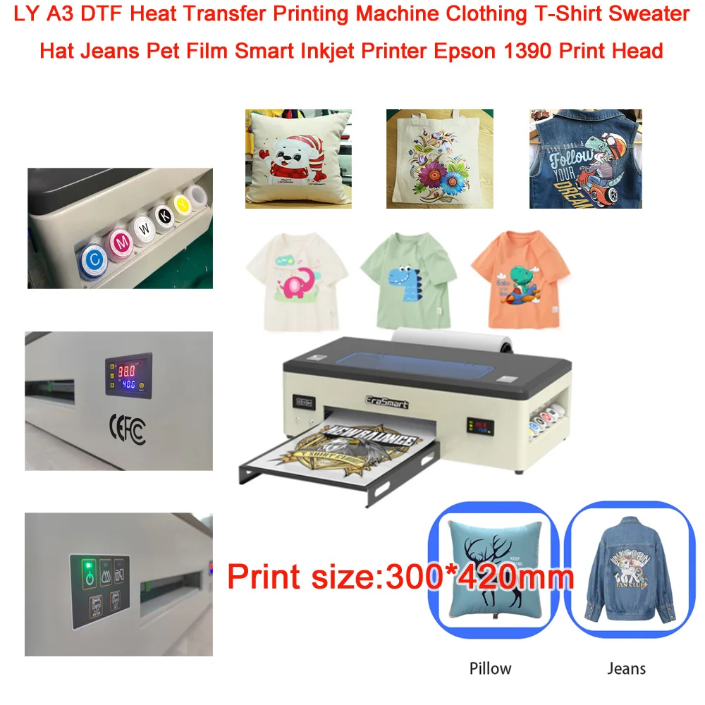 

LY A3 DTF Heat Transfer Printing Machine Clothing T- Shirt Sweater Hat Jeans Pet Film Smart Inkjet Printer Epson 1390 Print Head