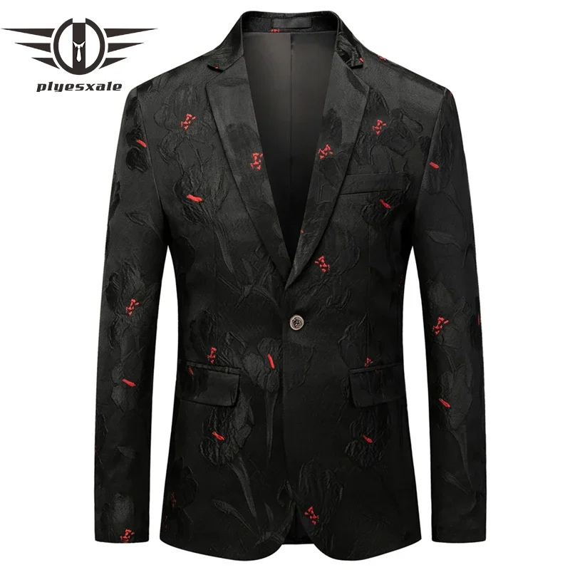 

Plyesxale Black Floral Jacquard Blazer For Men 2024 Slim Fit Wedding Groom Blazer Suit Jacket Male Fashion Stage Costume Q816