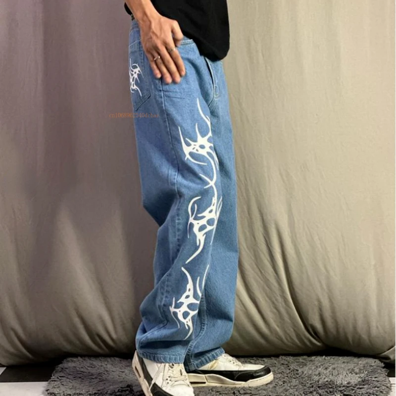 Tide Printed Jeans Men and Women American Retro Blue Washed Casual Jeans Ins Net Red Design Street Style Loose Straight Pants