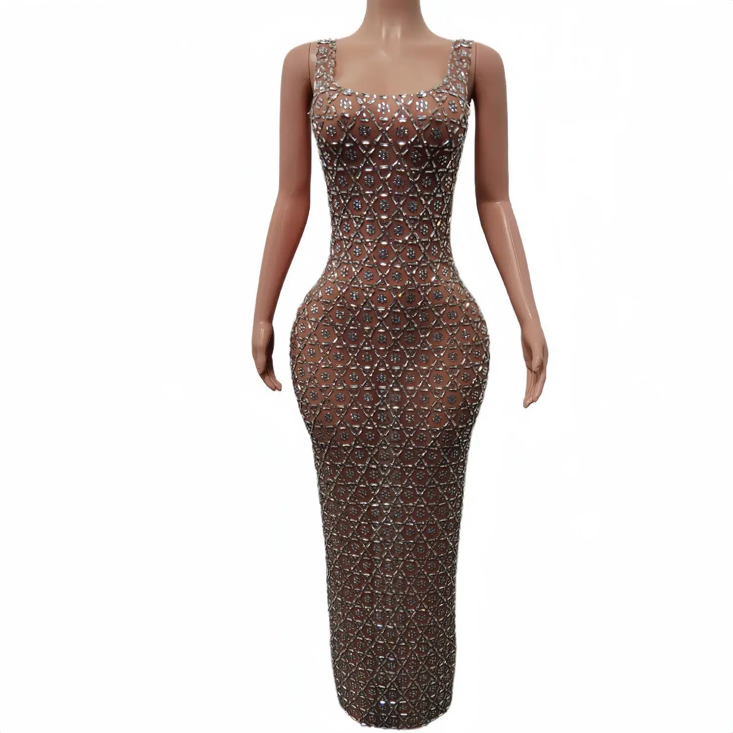 Luxus Silber Strass Geburtstag Hochzeit langes Kleid Promi Sänger transparent Mesh Modell Bühne Laufsteg Kostüm Liujiaoqun