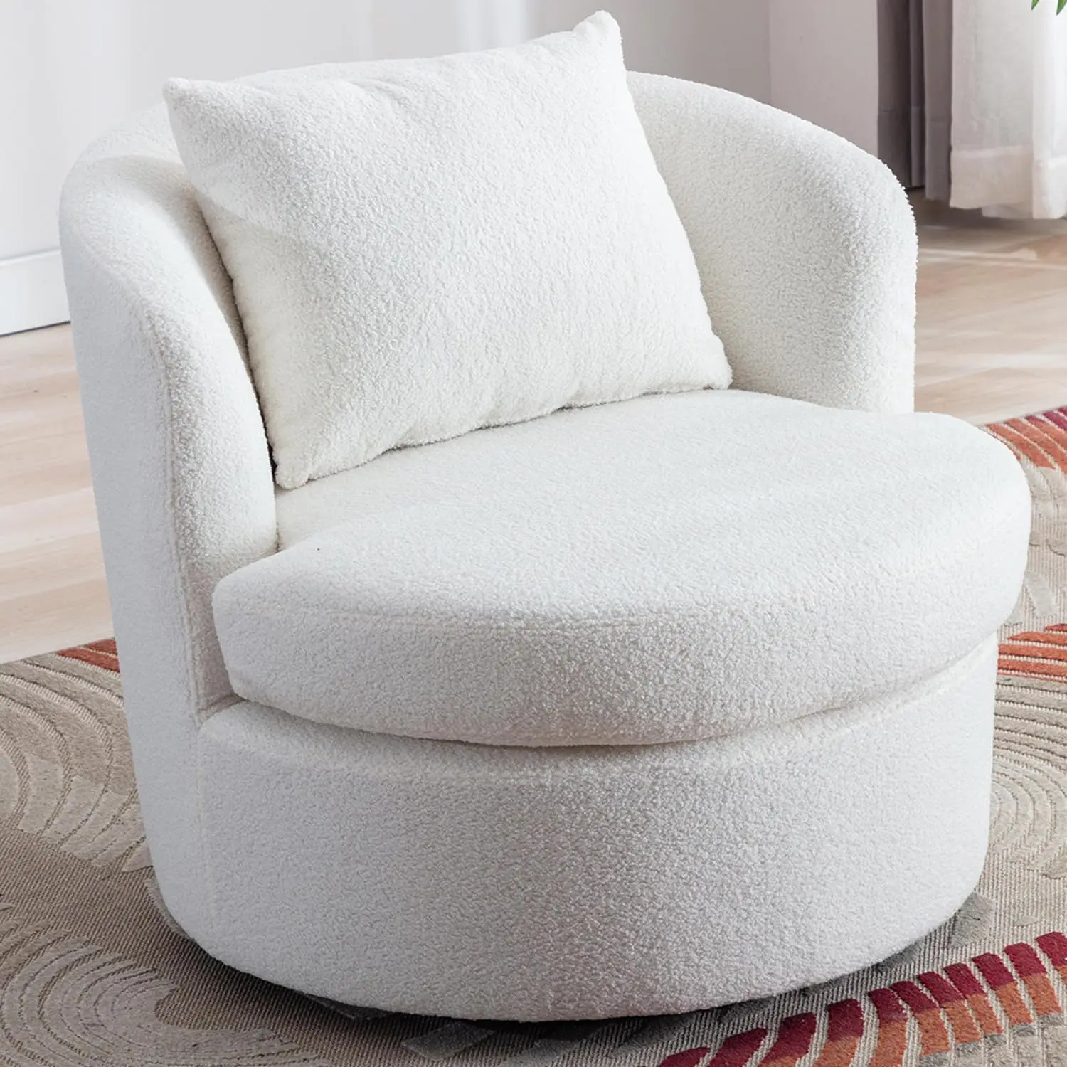 Swivel Barrel Chair with Lamb Wool Fabric, White Swivel Accent Chair, Sherpa Swivel Chair with Plump Pillow, Comfy Round Accent