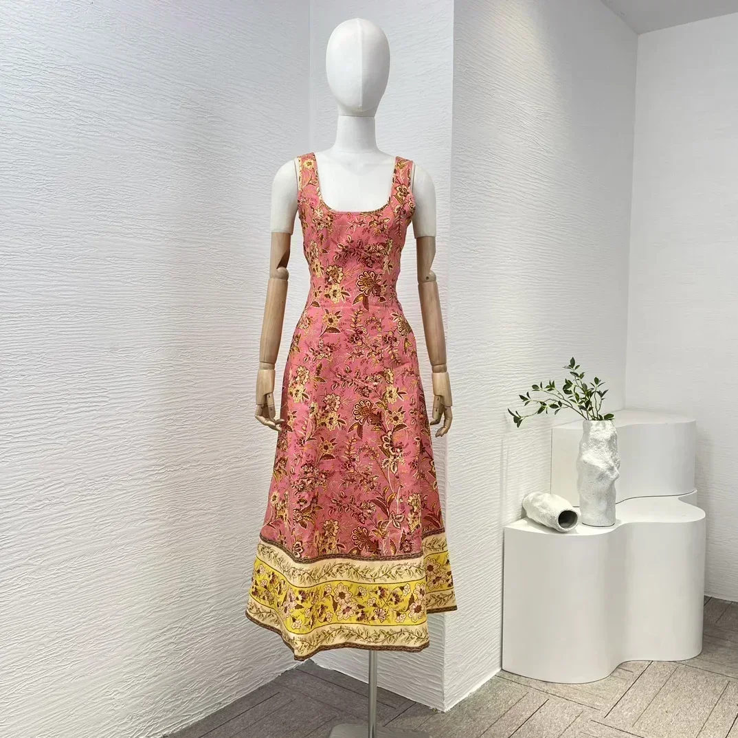 

High Quality Pure 2024 New Re-tro Floral Print Sleeveless Cut Out Lace-up Back Waist Women Midi Tank Summer Dresses for Holiday