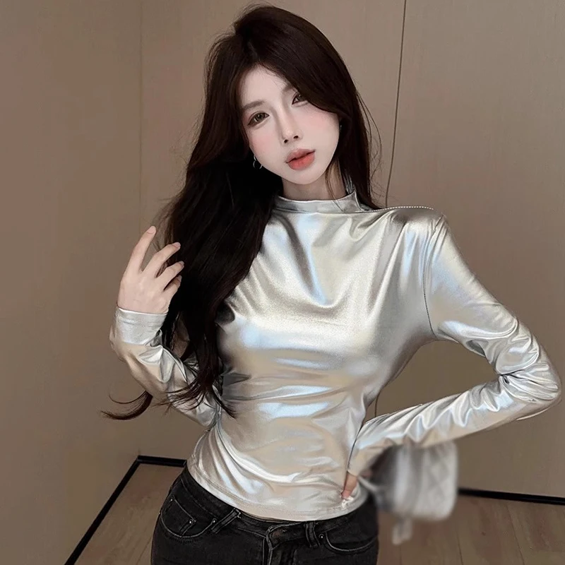 Long Sleeve T-Shirt Top Silver Women Y2K Glossy Half-Height Neck Base Shirt Slim Fitting Sexy Street Style Street Style Spring