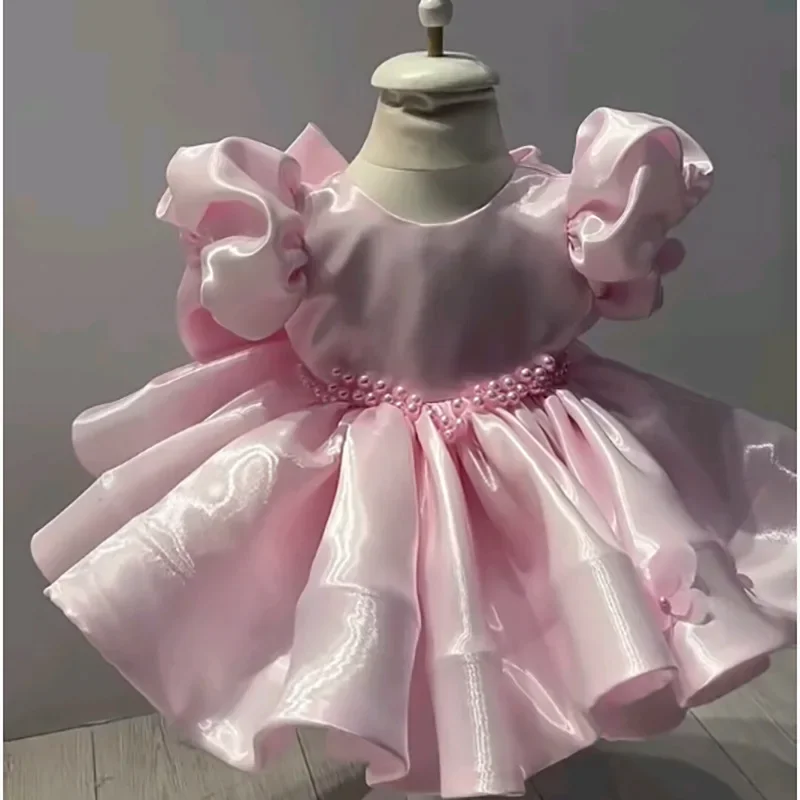 2026 Pink Satin Children Party Dress Birthday Flower Performance Kids Formal OutfitGirl Wedding Princess Gown Girls Host Piano