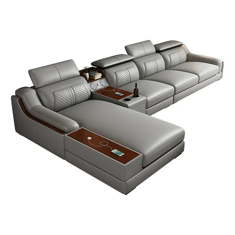 Leather sofa combination simple modern living room functional sofa Large family L-shaped corner leather