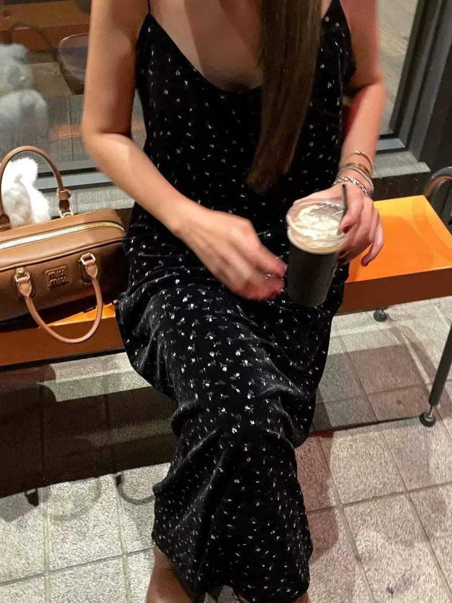 Ele Hepburn Sle Velvet Dr mit Blumenstickerei Damen Sommer Lässiges A-Linien-Einteilerkleid mit hoher Taille