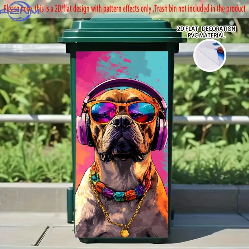 1pc 2D/FLAT, Self - Adhesive Dustbin Stickers,Pattern of Cool Dog with Headphones and Fashion Glasses, Creative Bin Sticker fo