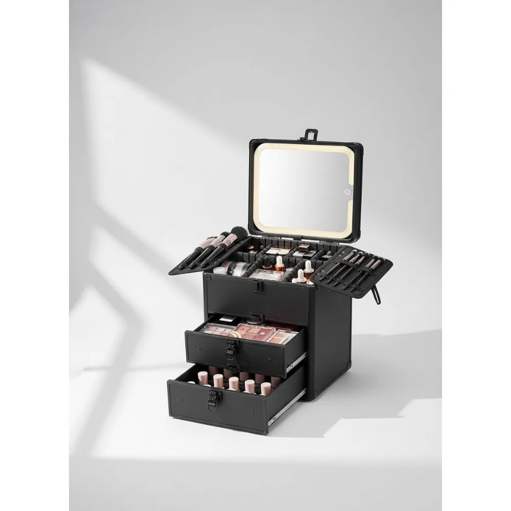 

Косметичка с двойным ящиком и светодиодным зеркалом, водонепроницаемым органайзером для путешествий, регулируемыми перегородками и магнитным креплением (черный)