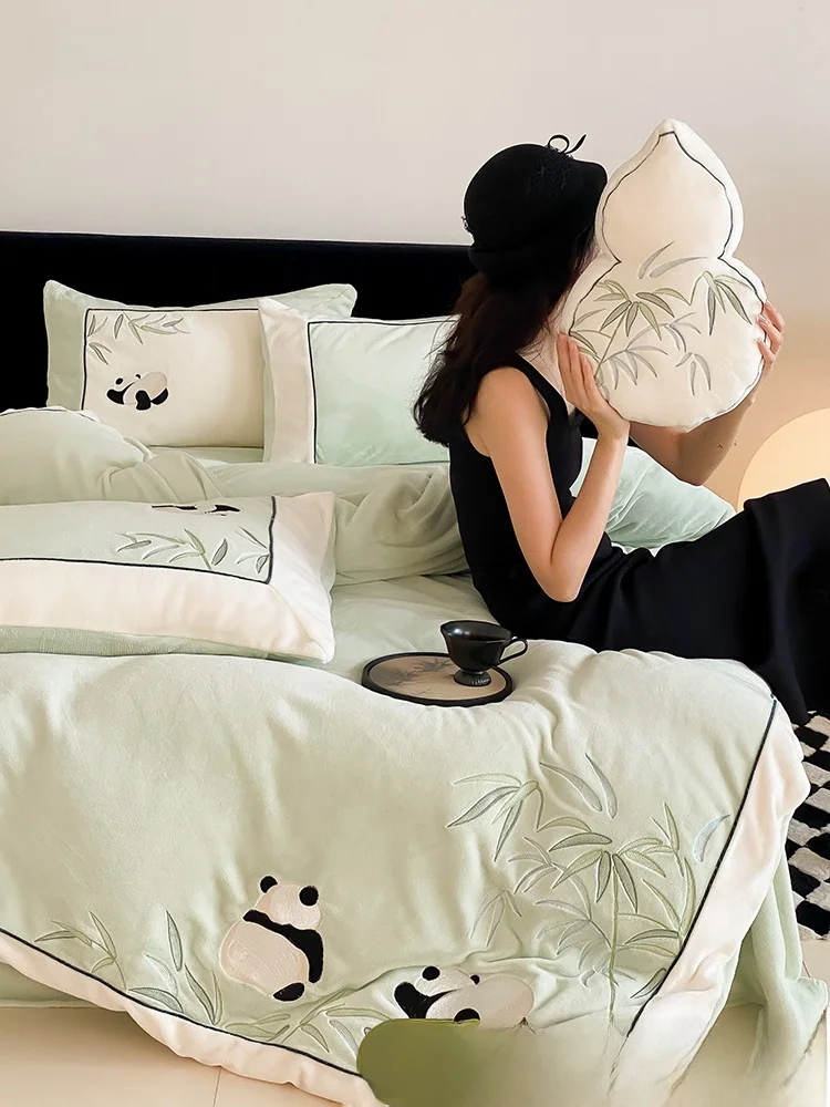 New Chinese Style Embroidered Panda Milk Velvet Four Piece Bedding Set Winter Thickened Duvet Cover Warm Fleece Liner Nationa...