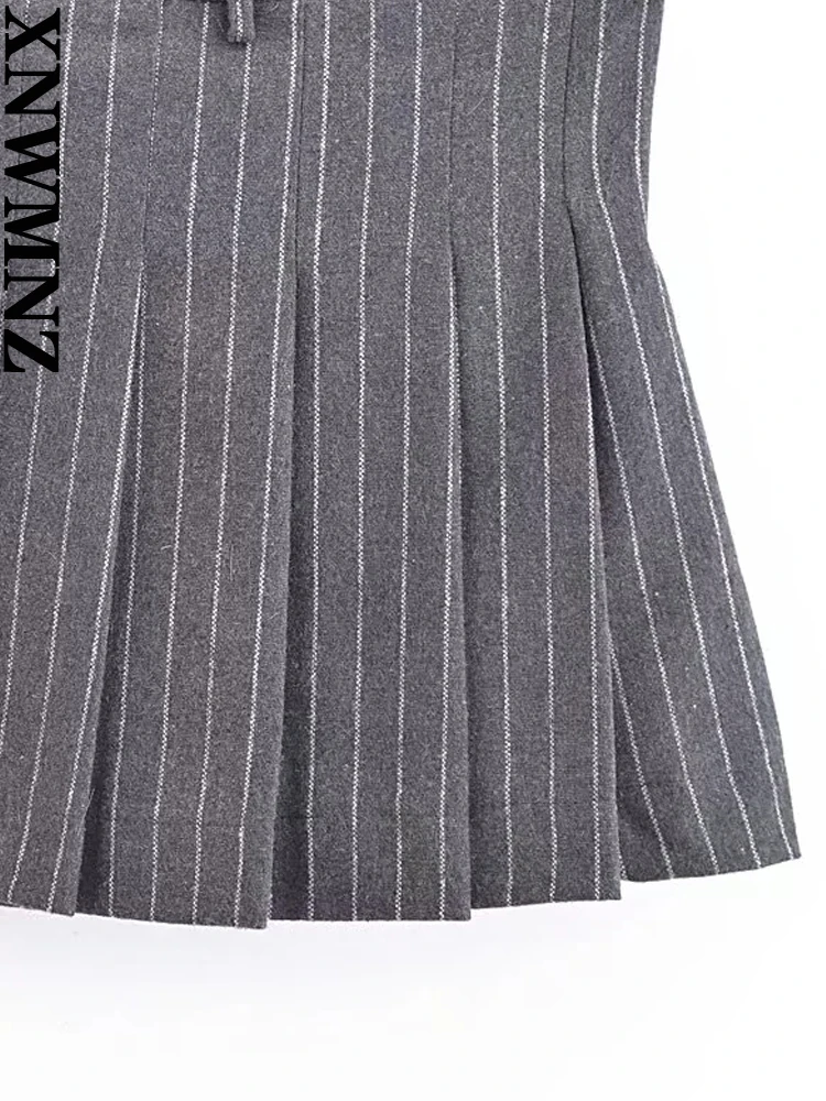 XNWMNZ 2024 Women\'s Fashion Pinstripe Blended Blazer or Box Pleated High Waist Mini Skirt High Street Female Two Piece Set