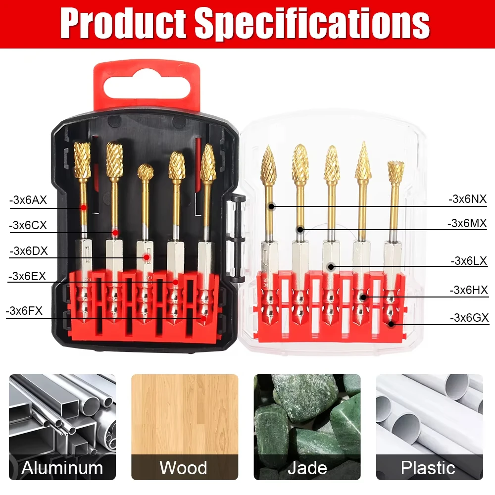

10 шт., набор заусенцев из карбида титана для шлифовальных бит, стальной роторный напильник с титановым покрытием, оборудование для мастерской, электроинструменты, сверло