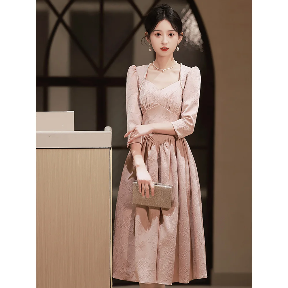 Elegant Evening Dress for Party French Style Pearl Beading Collar Long Sleeve Engagement Pink Dresses Banquet Formal Ball Gowns