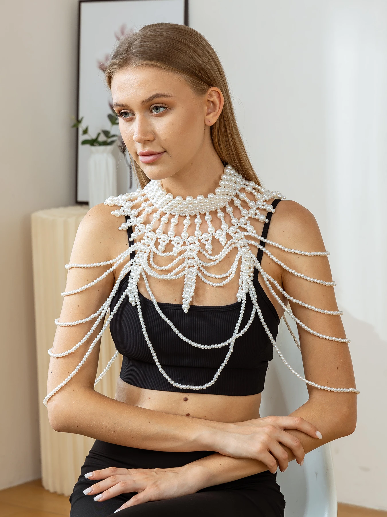 

White Elegant Handmade Beaded Multi-Layer U-Shaped Statement Necklace: Luxury Bridal Jewelry For Banquet & Wedding