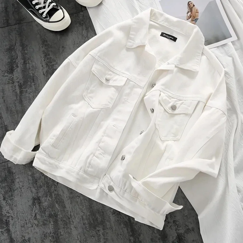 

White Denim Jacket Women Korean Fashion Loose Short Jean Coat Spring Long Sleeve Single Breasted Wild Cowboy Jackets A862