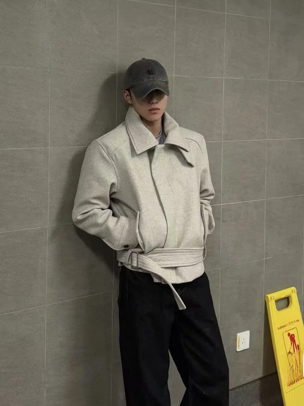 

ay Design Sense Tweed Jaet Men Women Autumn Winter Switchable Collar ort ape Outerwear High-End Feeling Belted Coat