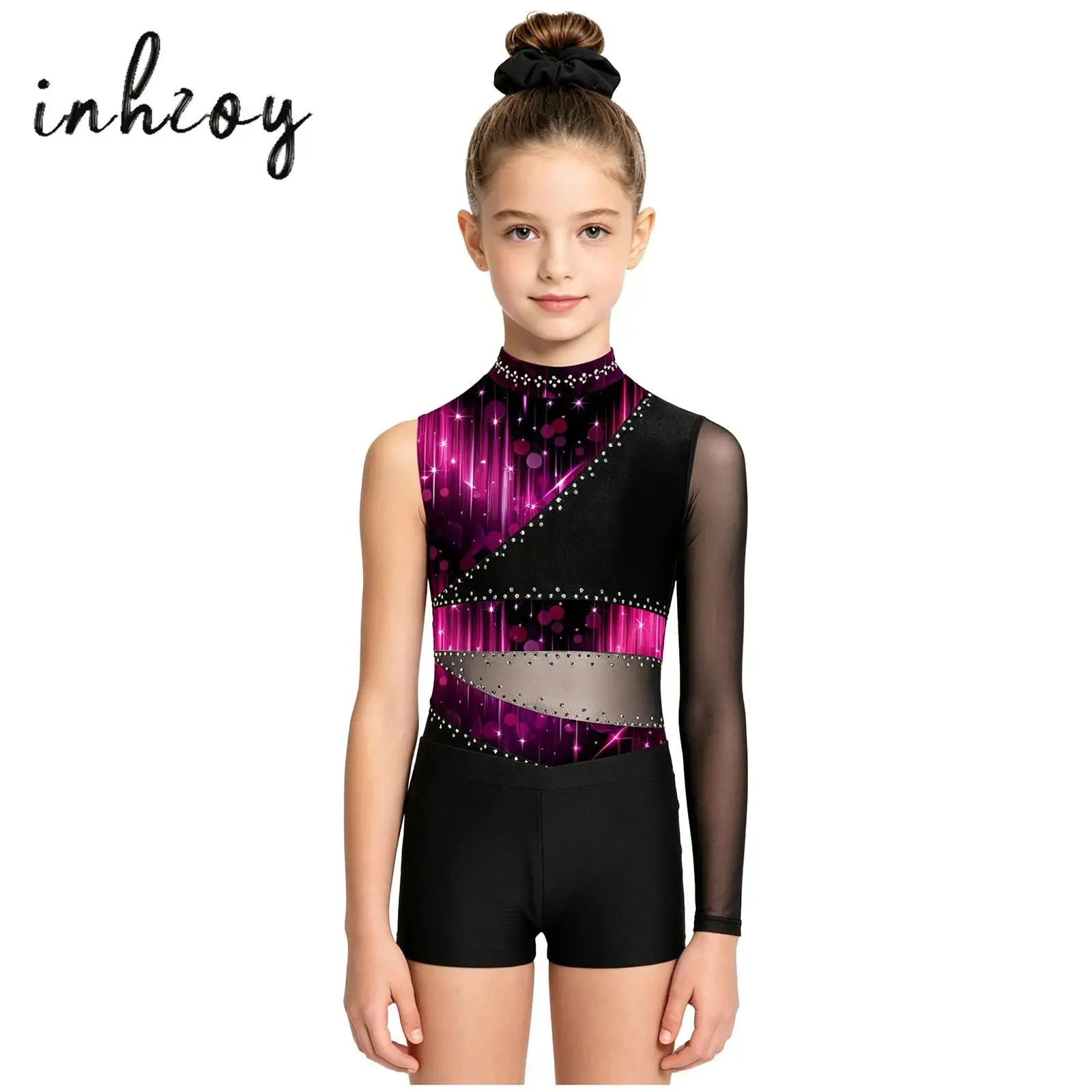 Girls 3Pcs Gymnastics Unitard Outfit Sparkly Rhinestones Patchwork Asymmetric Sleeve Leotard Shorts Hairtie Sports Dance Costume