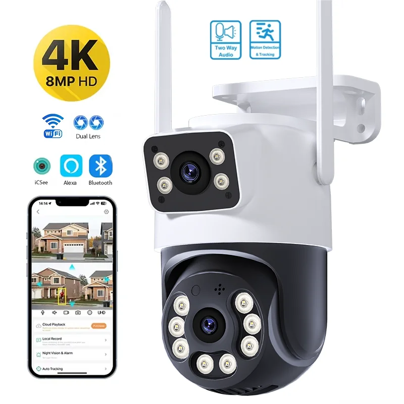 4k 8mp hd câmera externa wifi ptz lente dupla câmera ip ao ar livre 4mp rastreamento automático proteção de segurança cctv vigilância icsee p2p