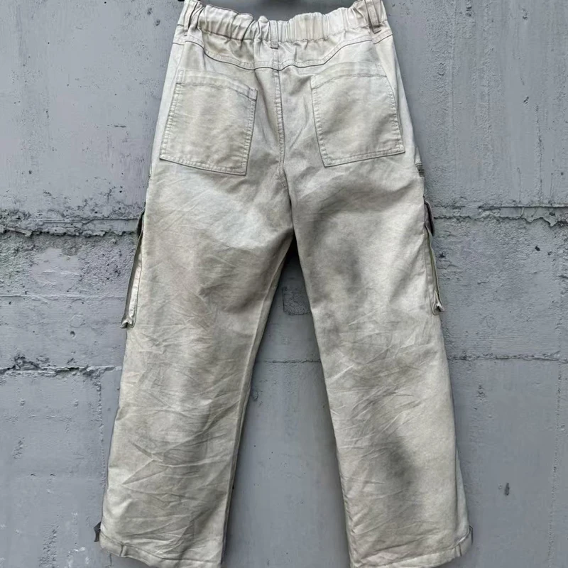 Stain False Perception Fade Washed Zipper Pockets Casual Cargo Pants Men Women High Quality Loose Straight Work Trousers